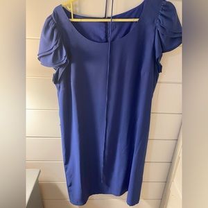 Blue dress with tie at waist. Knee length. Perfect for wedding guest or work.
